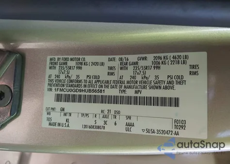 2017 Ford Escape Se from USA, damaged, VIN 1FMCU0GD9HUB56581